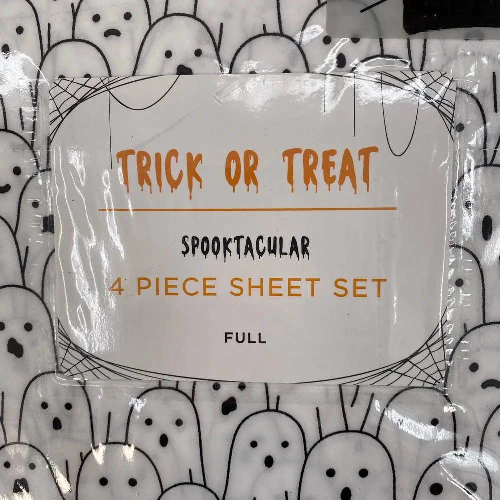 Trick or Treat Ghost Sheet Set FULL White Black Halloween Spooktacular Spooky